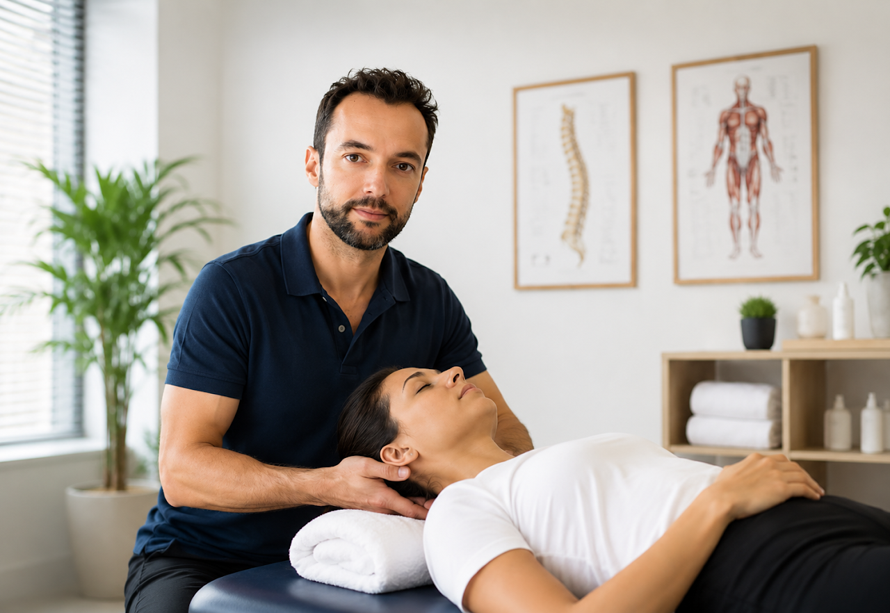 Geste d'ostéopathie : mains du praticien sur la nuque du patient